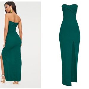 emerald green bandeau folded detail extreme split maxi dress
